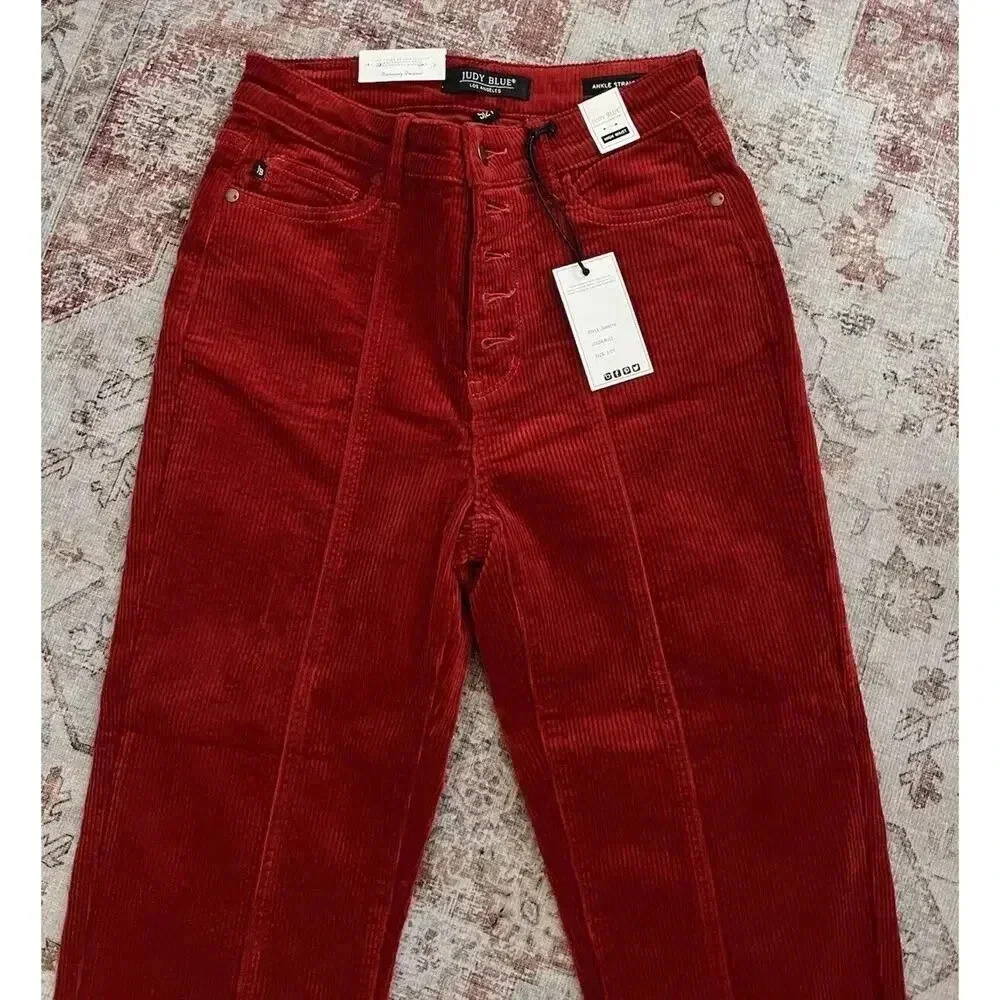 Judy Blue Ankle Straight Corduroy High Waist Pants Womens Size 27 Rust Red NWT - Picture 2 of 13
